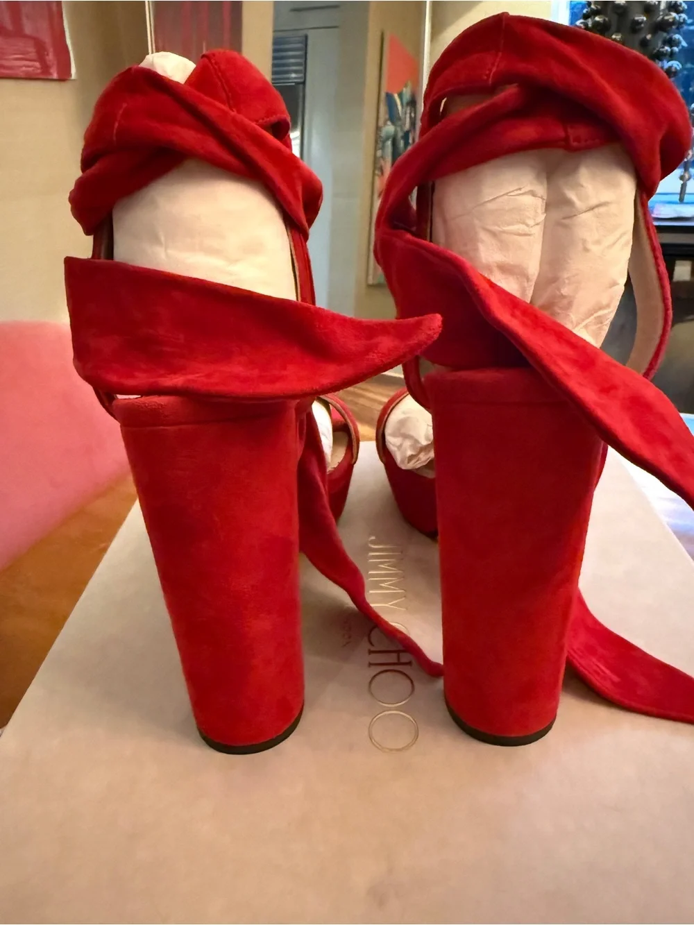 Jimmy Choo Red Suede Ankle-Tie Platform Sandals size 40